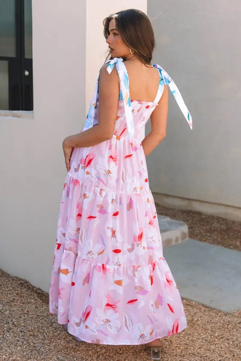 Pink Floral Print Knotted Shoulder Smocked Maxi Dress - Love Salve